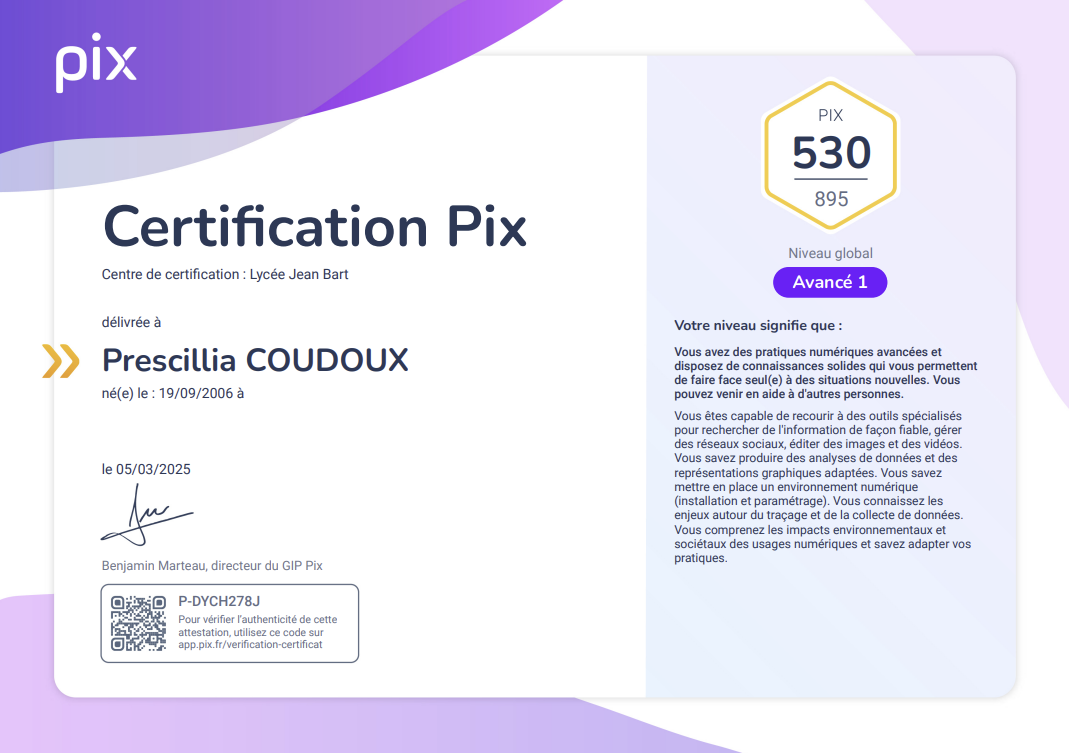 Certification Pix de Prescillia Coudoux