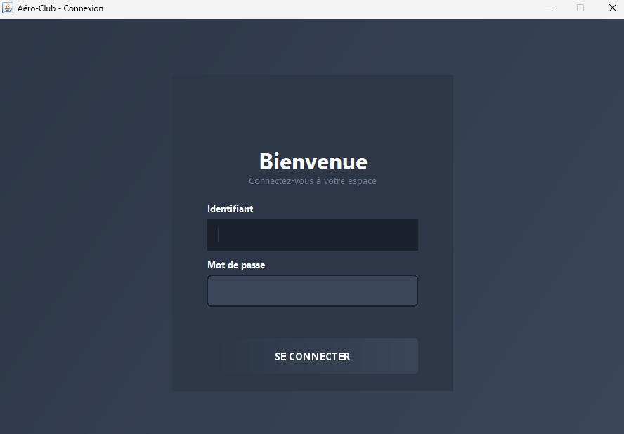 Écran de connexion de l'application Aéroclub