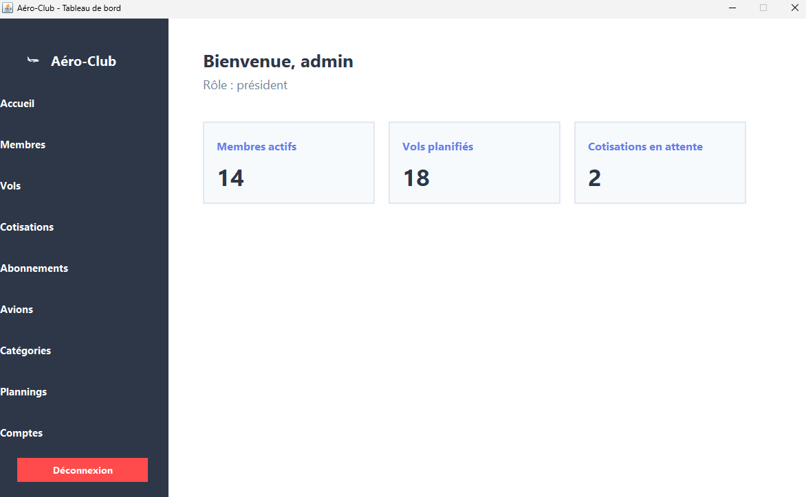 Tableau de bord de l'application Aéroclub