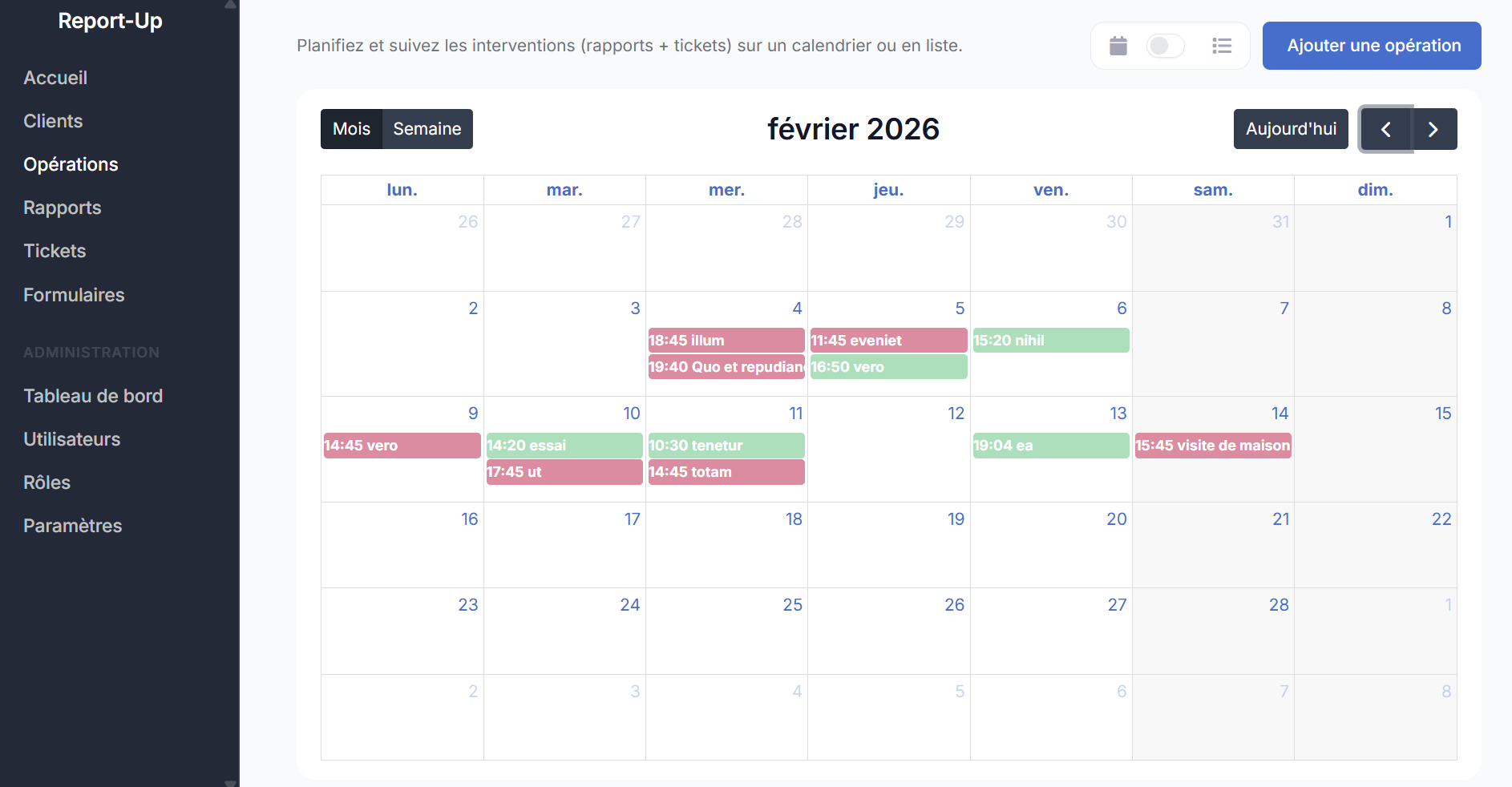 Calendrier des opérations Report-Up