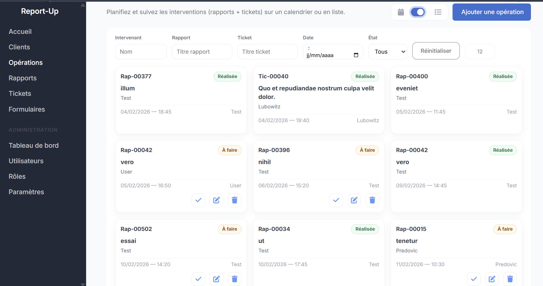 Liste des opérations Report-Up